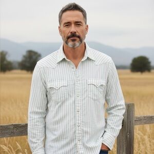 VTG Express Rider Men’s Small Western Pearl Snap Stripped Shirt - White/Teal